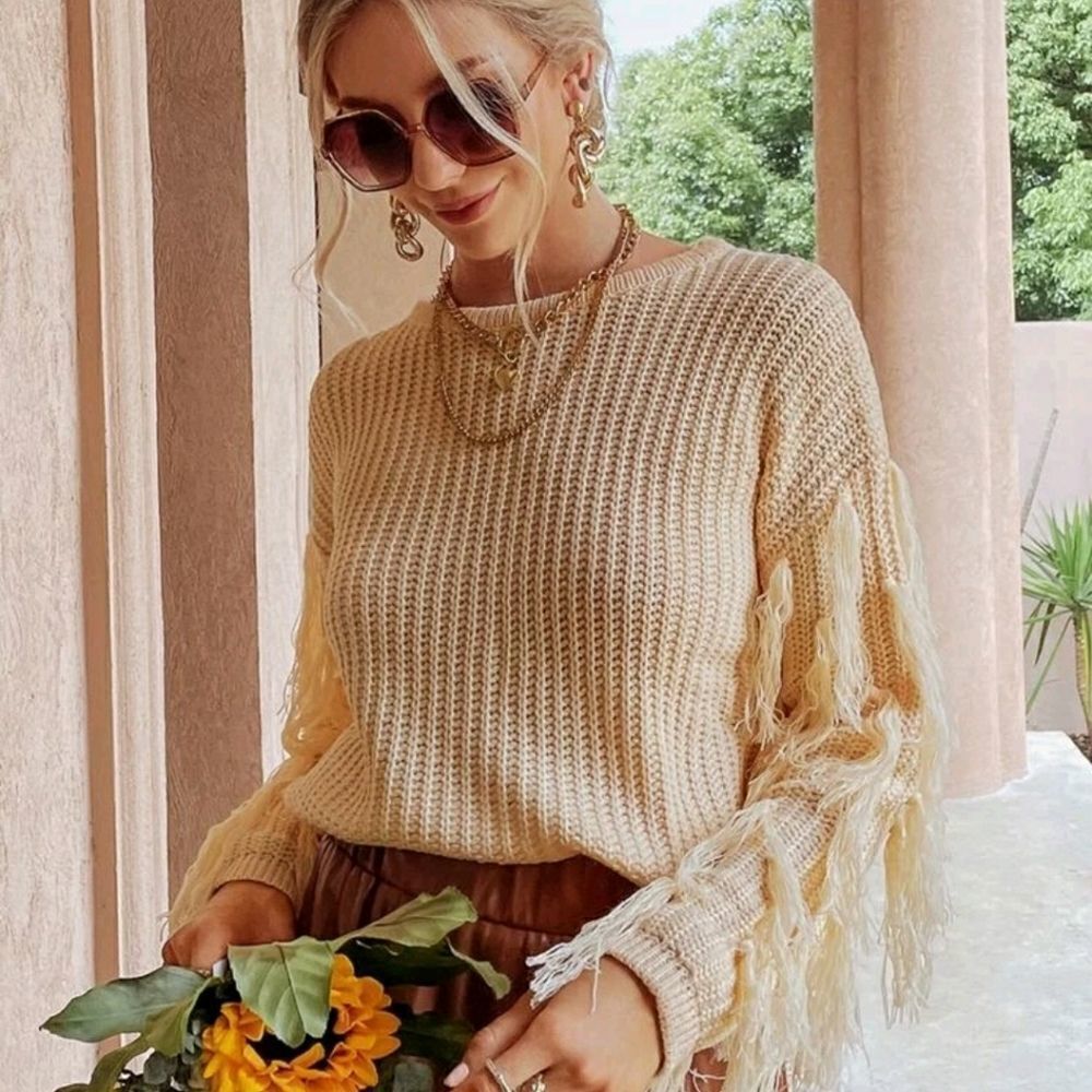 Simplee Fringe Drop Shoulder Sweater - Picture 6 of 7